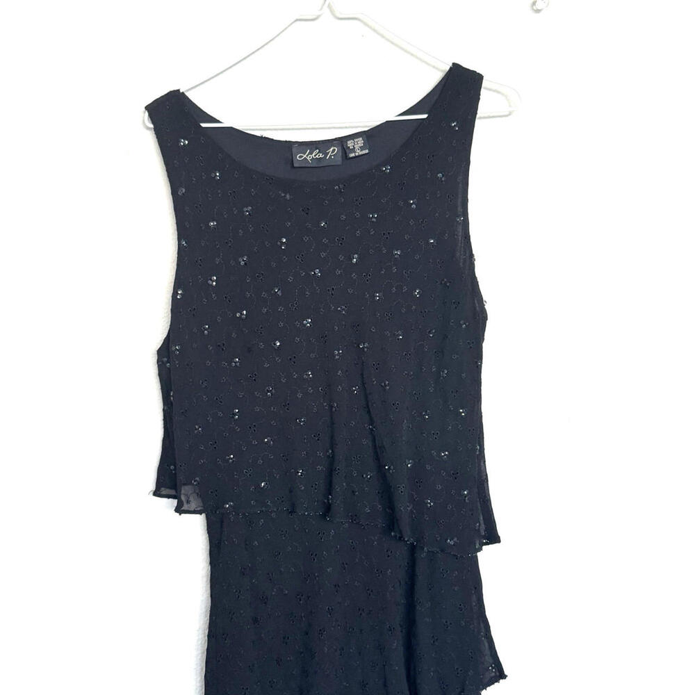 Lola P. Black Beaded Tiered Sleeveless Midi Dress L | Formal Cocktail Party Rayo - Picture 4 of 13